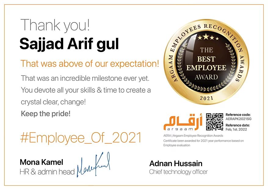 Argaam Best Employee Award 2021 Certificate