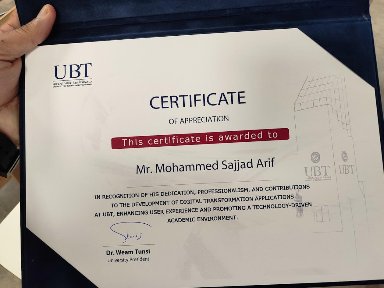 UBT Certificate of Appreciation